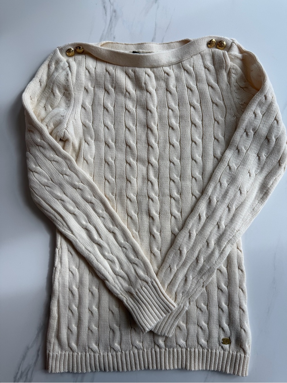 Ralph Lauren Cream Cable-Knit Off-the-Shoulder Sweater with Gold Buttons